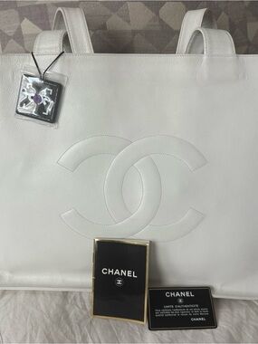 Authentic CHANEL White Leather Tote with Embossed CC Logo